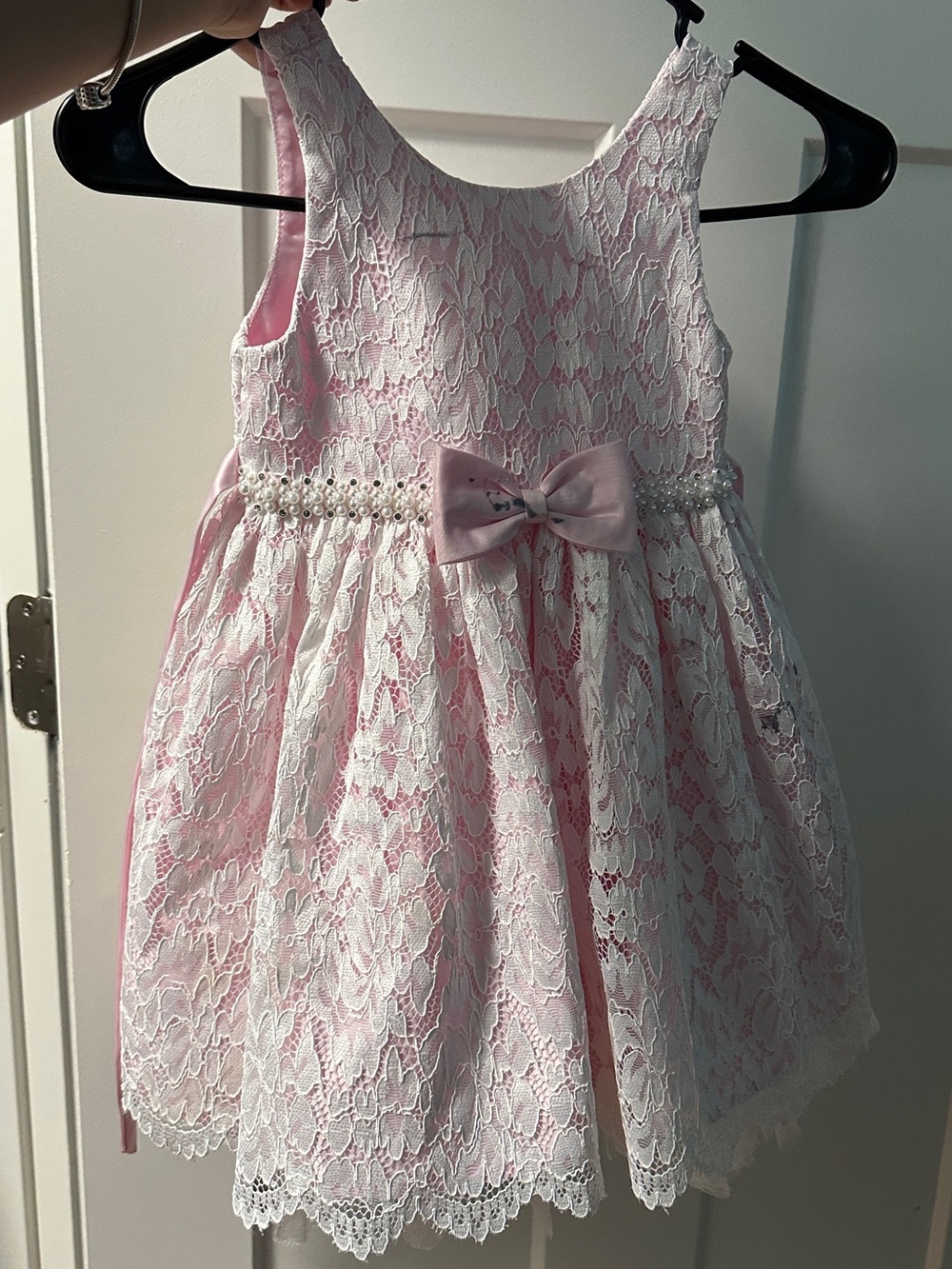 American Princess Pink and White Lace Pearl Bow Dress